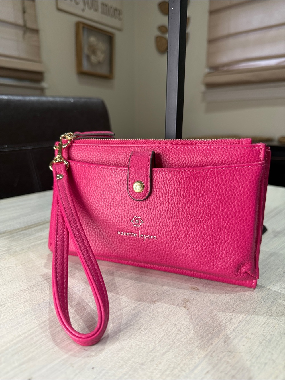 Nanette Lepore Bright Pink Pebbled Leather Wristlet Clutch